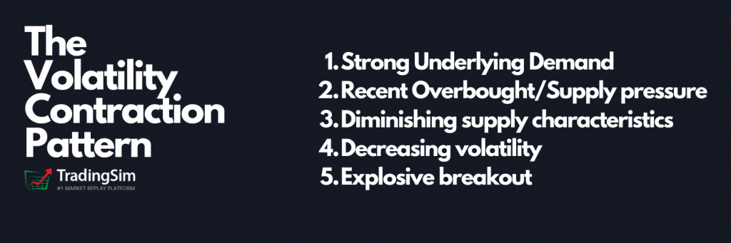 The Volatility Contraction Pattern Criteria:Strong Underlying Demand Recent Overbought/Supply pressure Diminishing supply characteristics Decreasing volatility Explosive breakout